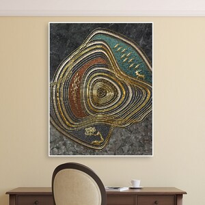 Large abstract gold wall art, modern floater frame canvas print, abstract circles hanging wall décor, printable dark artwork for living room