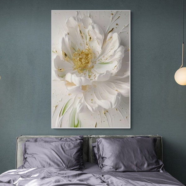 Floral volumetric wall art, large 3d canvas print, printable white flower artwork, floater frame hanging wall decor, aluminum frame wall art