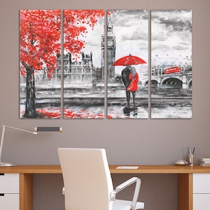 Love couple canvas wall art romantic bedroom decor, red umbrella wall art, Big Ben London сanvas wall art print,  black white red wall art