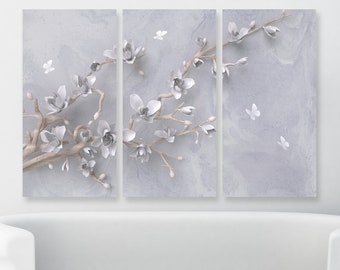 Flowers painting, sakura blossoms tree canvas, floral painting asian  gray extra large wall art,