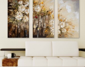 Floral wall art, multi panel oil paint canvas print, large abstract bedroom wall art, printable wildflowers artwork, three piece wall art