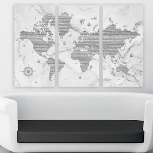 Très grande oeuvre d'art murale en toile de carte du monde, affiche de carte du monde grise