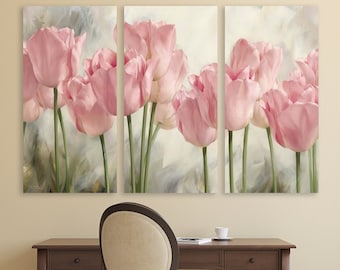 Pink Tulips Canvas Wall Art: Floral Painting Prints