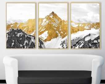 Mountains extra large framed print canvas wall art, trendy set with golden floating frame, gold and white multi panel framed artwork