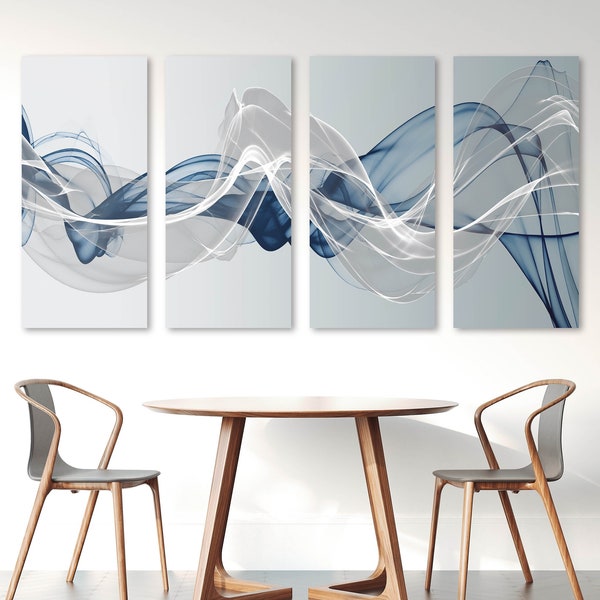 Abstract canvas painting, blue and silver wall art, large wall art wave, modern abstract wall art, bathroom wall decor, calm horizontal art