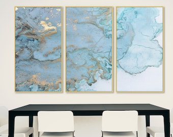 Abstracte blauwe en gouden canvas muurkunst in goud zwevend frame, moderne ingelijste abstracte kunstwerken met meerdere panelen, grote set van 3 ingelijste kunstafdrukken