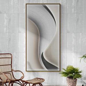 Large abstract wall art, modern framed canvas print, grey and white artwork, wave wall art in floating frame, framed living room wall art