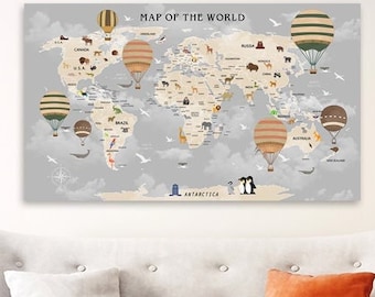 Boy nursery wall art, children&#39;s world map canvas painting, multi panel wall art extra large