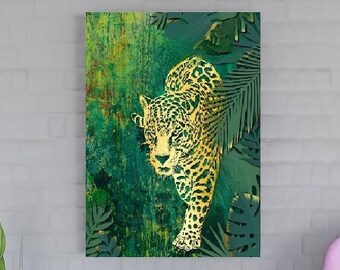 Leopard hanging wall décor, large green wall art, floating frame animal artwork, living room nature canvas print, framed bedroom artwork