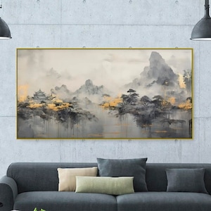 Japanischer Leinwanddruck, große Berge Wandkunst, druckbare Landschaft Kunstwerk, Schattenbild Wald, schwarz weiße Kunst Wohnzimmer