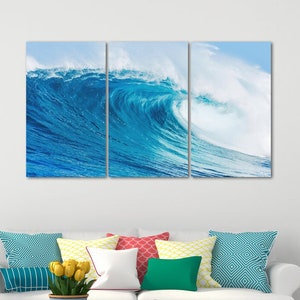 Ocean wave wall art, blue seascape canvas art prints, bathroom wall decor, calm horizontal art