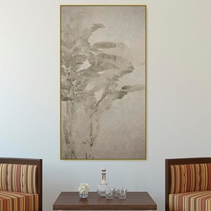 Botanical framed wall art, large plants canvas print in floating frame, grey living room hanging wall décor, bedroom printable artwork