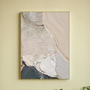 Abstract wall art, oil paint canvas print, large floating frame artwork, beige hanging wall décor, modern printable living room artwork