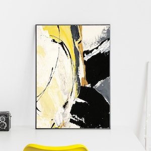 Large abstract framed hanging wall art, abstract black yellow floater frame canvas print, modern printable canvas wall art, bedroom wall art