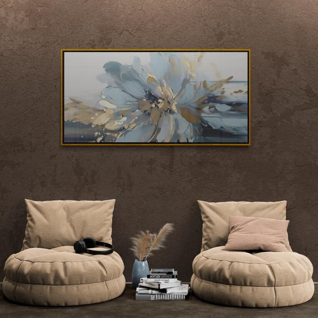 Floral Wall Art, Abstract Flower Canvas Print, Blue and Gold Wall Art ...