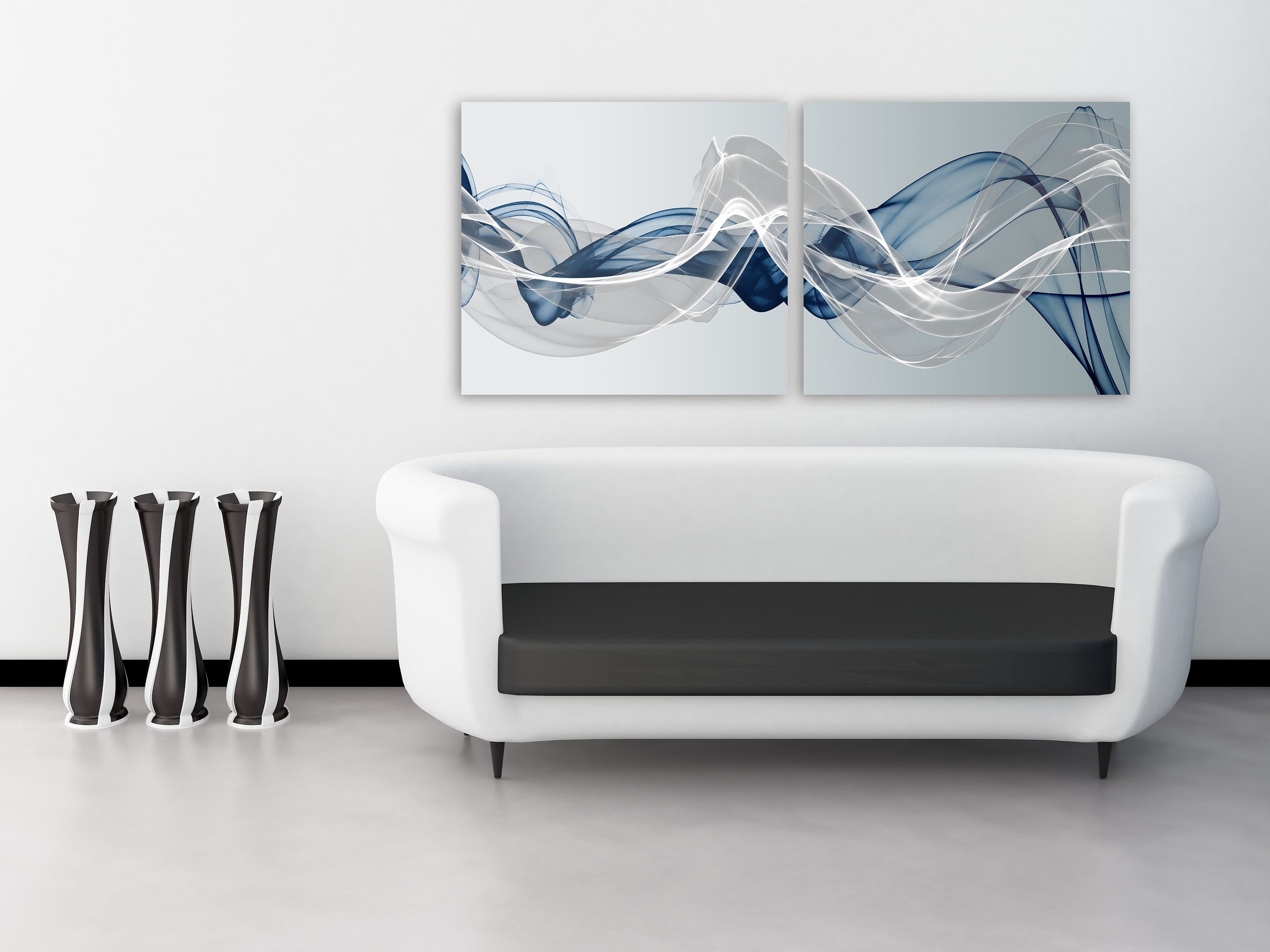 Abstract Canvas Painting, Blue and Silver Wall Art, Large Wall Art Wave