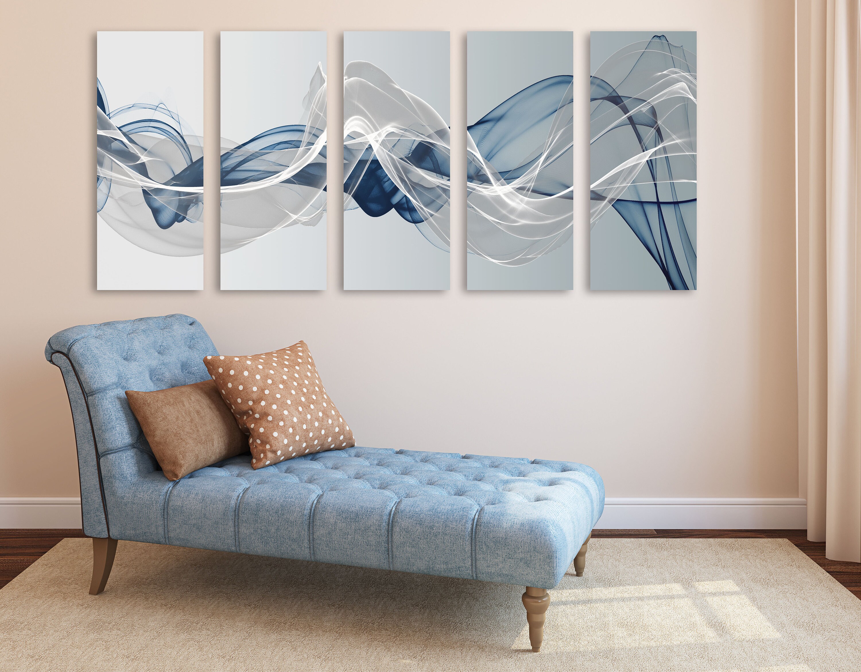 Abstract Canvas Painting, Blue and Silver Wall Art, Large Wall Art Wave