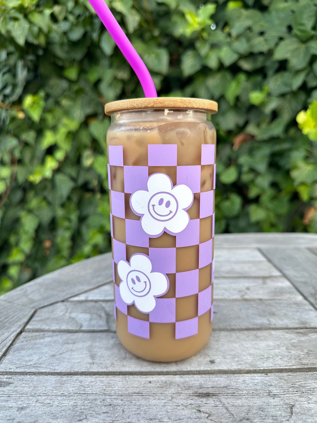 Cute Purple Checkered Flower Smiley Cup Cute Glass Cup Checkered Glass