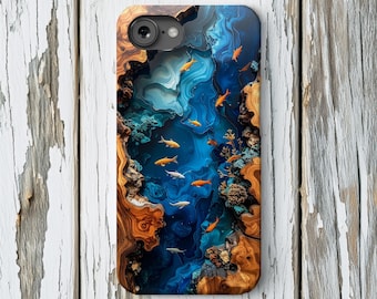 Telefoonhoesje van imitatiehouthars met vis, blauwe epoxy iPhone MagSafe-hoesje 17 16 15 14 13 12 Air Pro Max XL