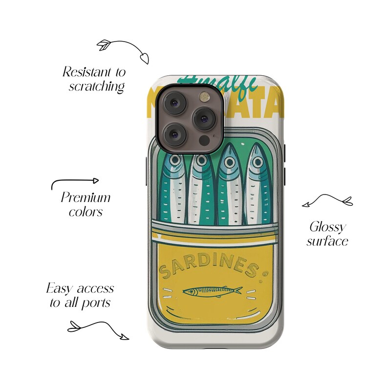 May include: A phone case featuring a sardine can design. The case has a yellow and green sardine can graphic with the word "SARDINES" and a fish illustration. The case also has the word "ATA" in green.