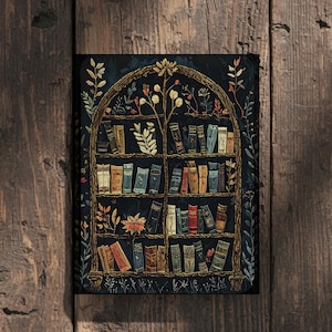 May include: A decorative print of a bookshelf filled with books. The artwork features a dark blue background with a wooden arch and floral accents. The books are in various colors, and the overall style is whimsical and artistic.
