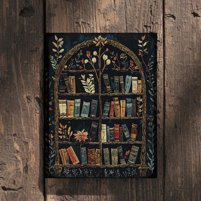 May include: A decorative print of a bookshelf filled with books. The artwork features a dark blue background with a wooden arch and floral accents. The books are in various colors, and the overall style is whimsical and artistic.