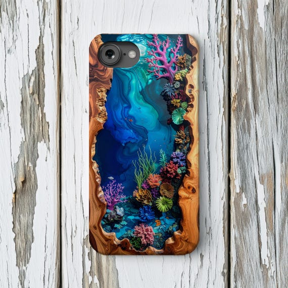 Faux Wood Resin Phone Case with Marine Plants, Blue Epoxy iPhone Case MagSafe Tough + Galaxy Pixel Faux Wood Resin Phone Case with Marine Plants, Blue Epoxy iPhone Case MagSafe Tough + Galaxy Pixel