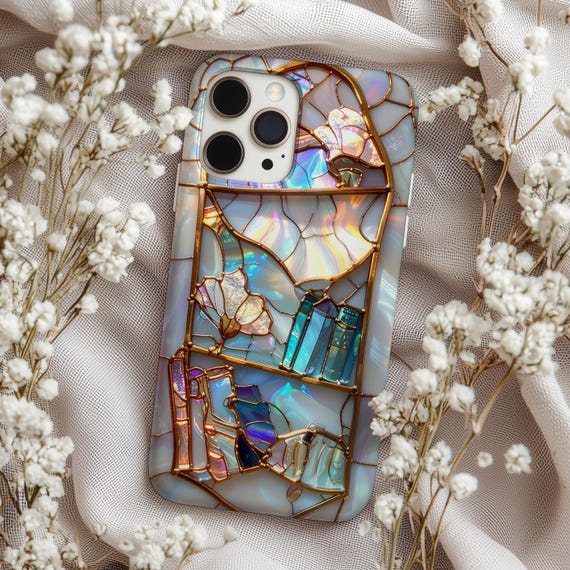 Bookshelf Phone Case, Stained Glass Book Case, Bookish Magsafe Phone Case, Fantasy Reader Gift, Pixel, Galaxy, iPhone 16e Case