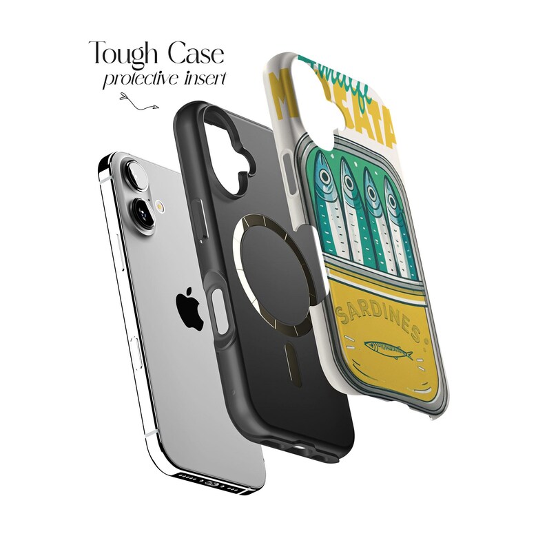 May include: A protective phone case with a sardine can design. The case is composed of three layers: a silver phone, a black protective insert, and a clear case with a sardine can graphic. The sardine can graphic is yellow and green with the word "Sardines".