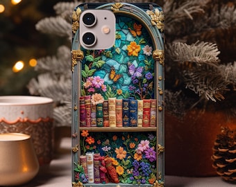 Étui de téléphone bibliothèque, bibliothèque brodée, cadeau pour amoureux des livres, étui de téléphone Bookish Magsafe, Pixel, galaxie, étui pour iPhone 16e
