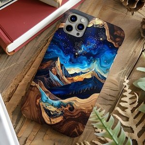 Mountain Night Blue Epoxy Mountain iPhone MagSafe Tough Case Faux Wood Resin Phone Case, 17 16 15 14 13 12 Air Pro Max XL