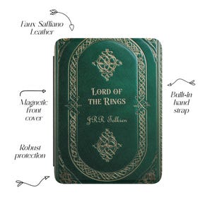 May include: Green faux leather case for a tablet or e-reader, featuring the title "Lord of the Rings" and author J.R.R. Tolkien. The case has a magnetic front cover, a built-in hand strap, and robust protection. The design includes decorative gold accents.