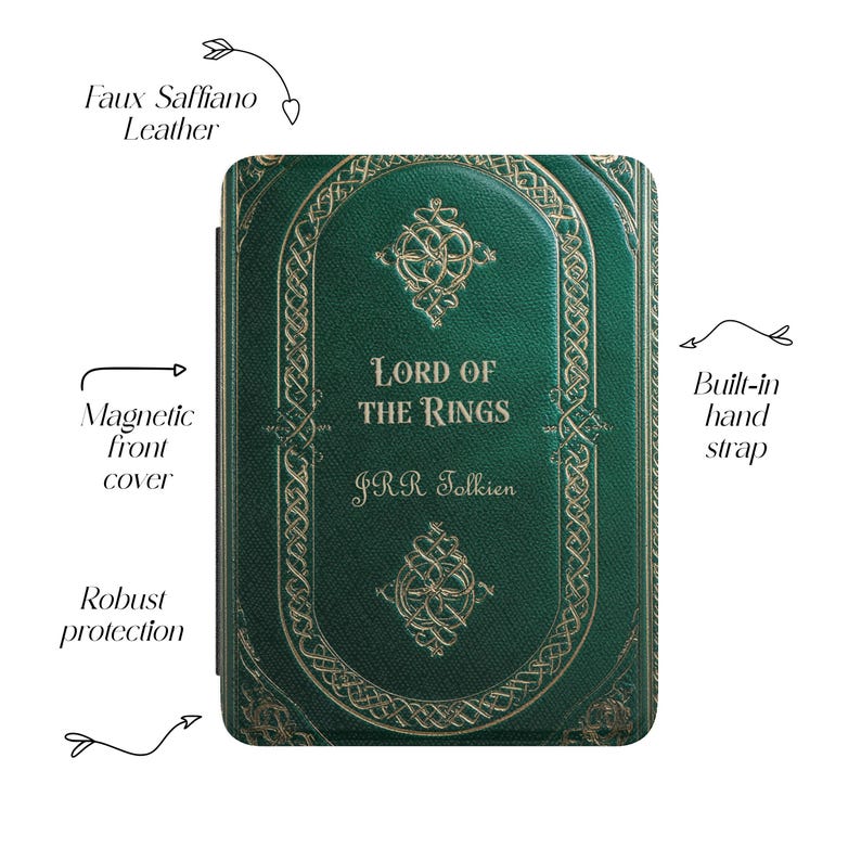May include: Green faux leather case for a tablet or e-reader, featuring the title "Lord of the Rings" and author J.R.R. Tolkien. The case has a magnetic front cover, a built-in hand strap, and robust protection. The design includes decorative gold accents.