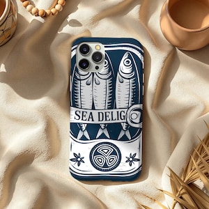 Navy Blue Sardine Phone Case, Tinned Fish Phone Case Fisherman Aesthetic, Coastal iphone 16e case 13 14 15 16 Pro Max, Pixel 7 8 9 Galaxy