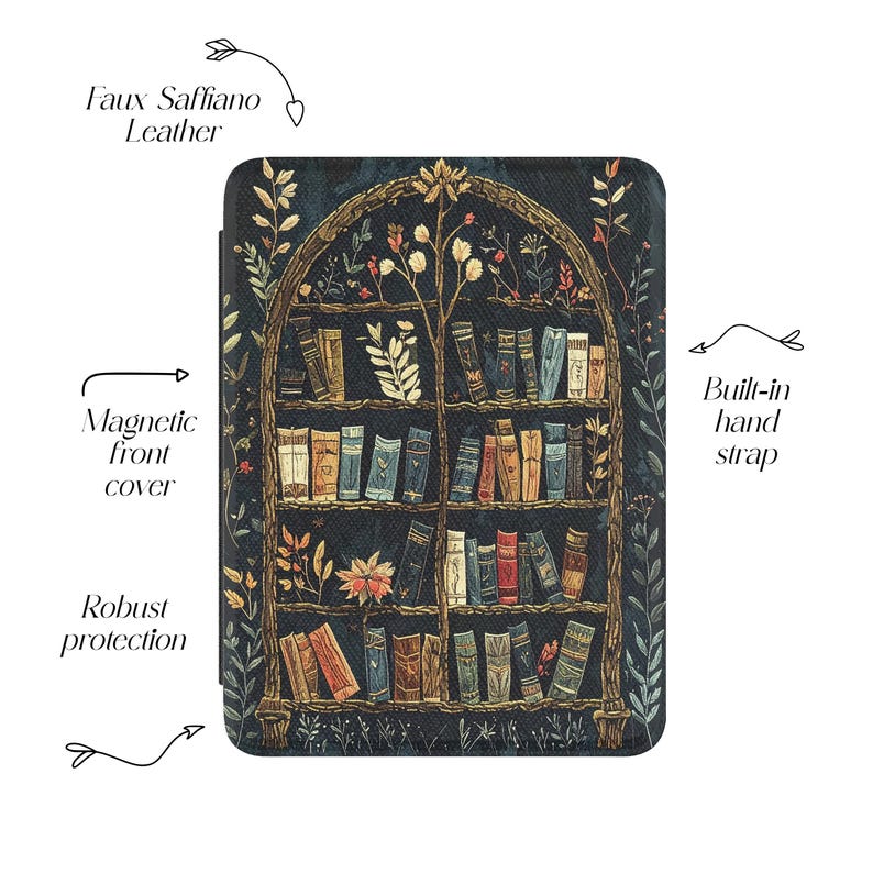 May include: A faux Saffiano leather case with a magnetic front cover and built-in hand strap. The case features a dark blue bookshelf design with colorful books and floral accents, providing robust protection.