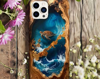 Telefoonhoesje zeeschildpad kunsthouthars, blauwe epoxy blauwe oceaan iPhone MagSafe-hoesje 17 16 15 14 13 12 Air Pro Max XL
