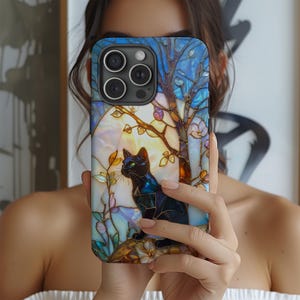 Black Cat Stained Glass Phone Case, Galaxy Pixel iPhone MagSafe Tough