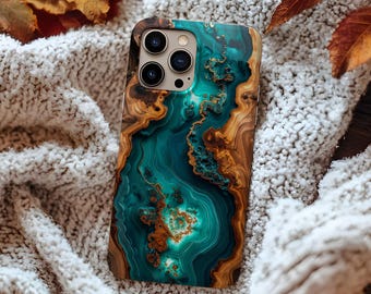 Telefoonhoesje van imitatiehouthars, ontwerp in blauwe epoxystijl, rustiek esthetiek, robuuste MagSafe-hoes voor iPhone 17 Pixel Galaxy