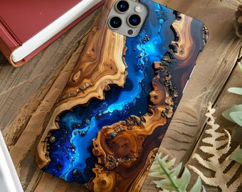 Blue & Wood Phone Case, Faux Wood iPhone, Galaxy, Pixel Cover