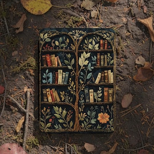 May include: A dark blue book cover featuring a bookshelf design with a tree motif. The shelves are filled with colorful books, and the tree is adorned with leaves and flowers. The cover is set against a backdrop of leaves and earth.