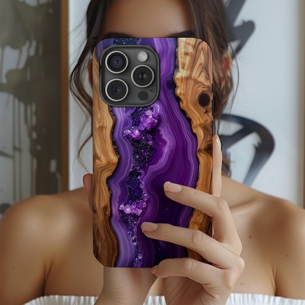 Purple Geode & Wood Phone Case, Resin Inspired iPhone 11 12 13 14 15 16 17 Galaxy Pixel