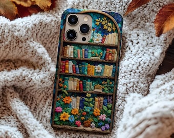 Floral Bookshelf Phone Case, Embroidered Book Lover Gift, Magsafe Case