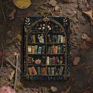 May include: A dark blue case featuring a bookshelf design with a tree and floral accents. The bookshelf is filled with various books in shades of brown, blue, and red. The case is surrounded by leaves and foliage.