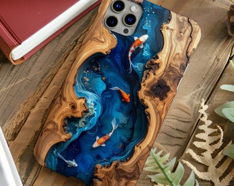 Koi Fish Faux Wood Resin Phone Case, Blue Epoxy iPhone MagSafe Tough Case 17 16 15 14 13 12 11 Air Pro Max