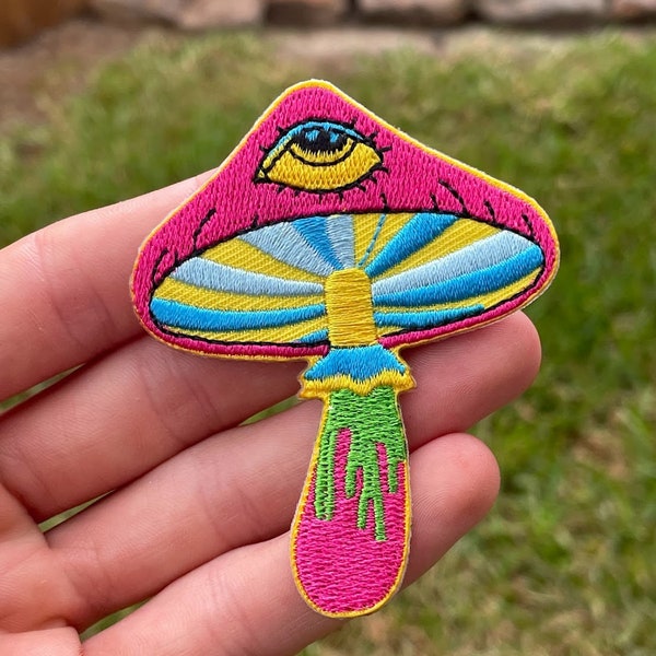 Third Eye Mushroom Iron on Patch | Psychedelic Trip Shrooms | Colorful Trippy Pineal Gland | LSD Fun Rave Nature | Pink Gift for him or her