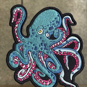 Octopus Iron on Patch | Octopi Kraken Embroidered Patches for Clothes | Blue Shiny Thread | Gift