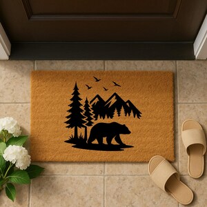 Bear in Forest Coir Doormat: Rustic Cabin Welcome Mat