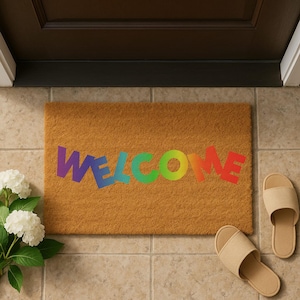 Personalized Rainbow Welcome Doormat: Vibrant Coir Entryway Rug
