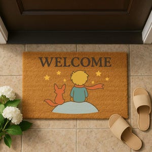 Felpudo de bienvenida del Principito – Diseño de zorro y niño – Felpudo de fibra de coco original – Alfombra de entrada conmovedora