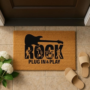 Deurmat rockmuziek, welkomstmat plag In & Play band, cadeau gitaarliefhebber, interieurdecoratie muzikant